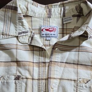 Roper Women's Cream and Brown Plaid Shirt L. 100%cotton